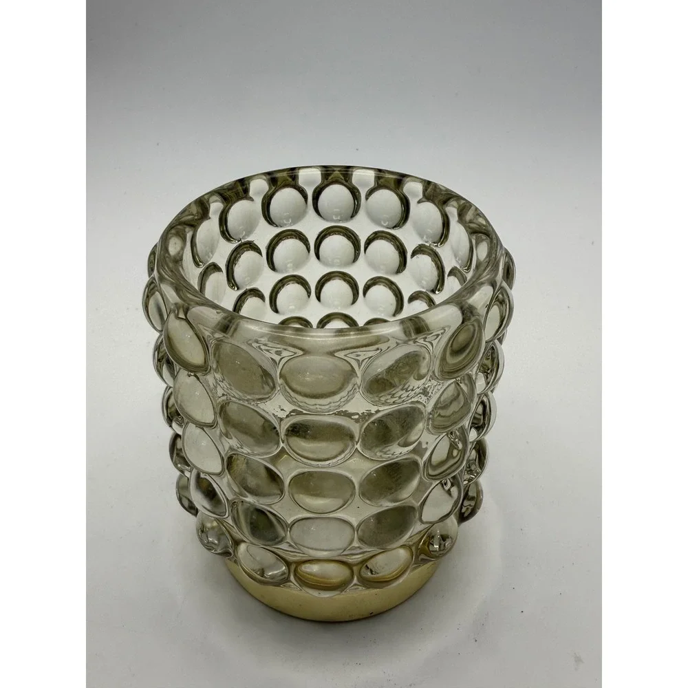 MCM Style Hobnail Glass Votive Candle Holders Amber & Clear Gold Base 2pc Set